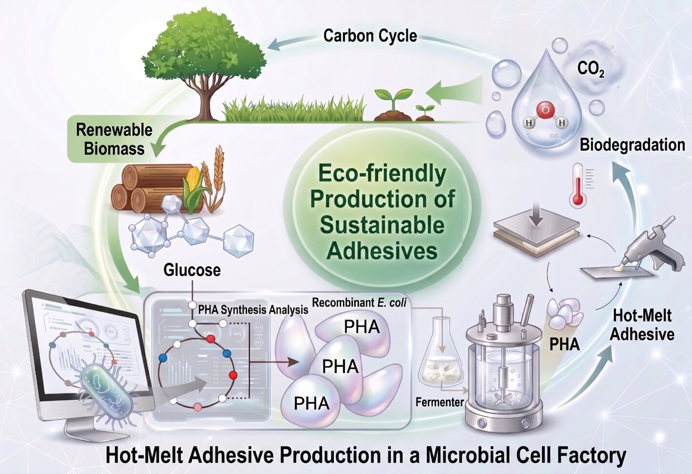 Esquema del estudio sobre la producción de polímeros adhesivos por Escherichia coli a partir de glucosa.