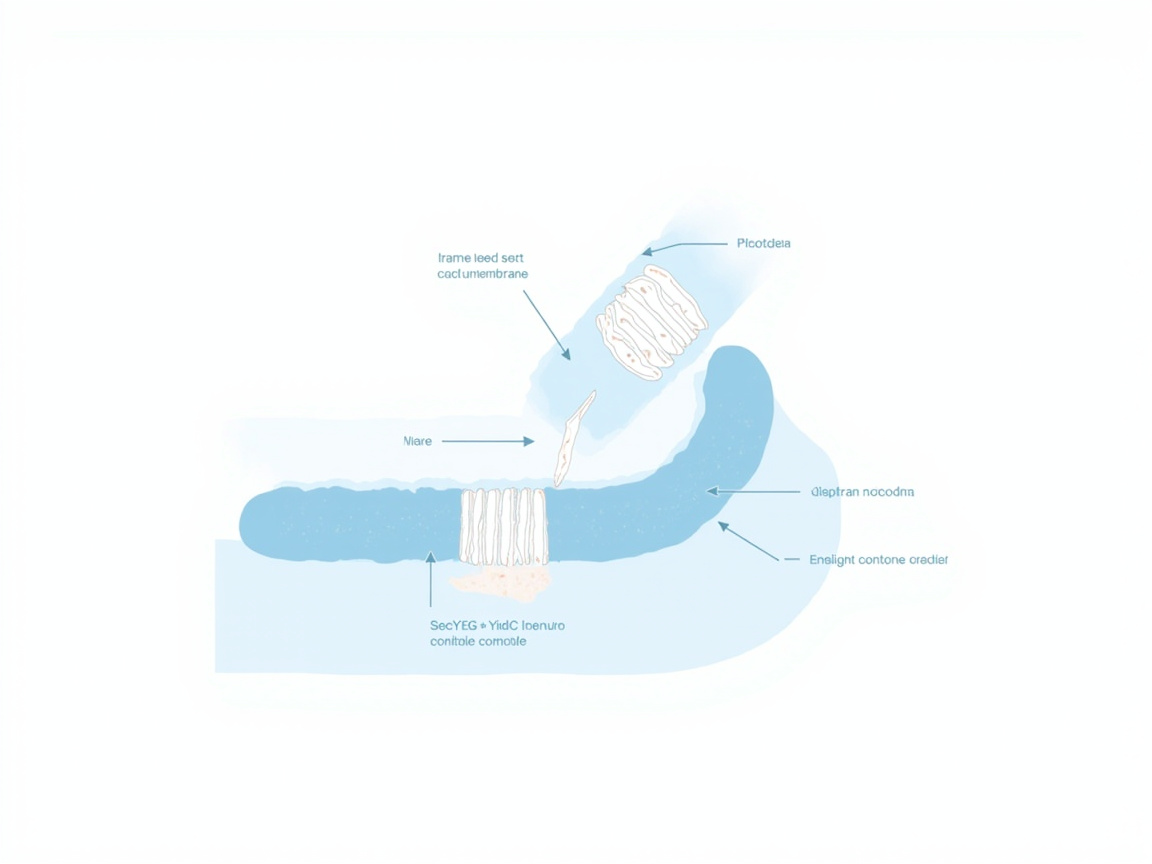 Diagrama que ilustra la inserción de proteínas de membrana en bacterias, mostrando el complejo SecYEG-YidC y un ribosoma sintetizando proteínas.