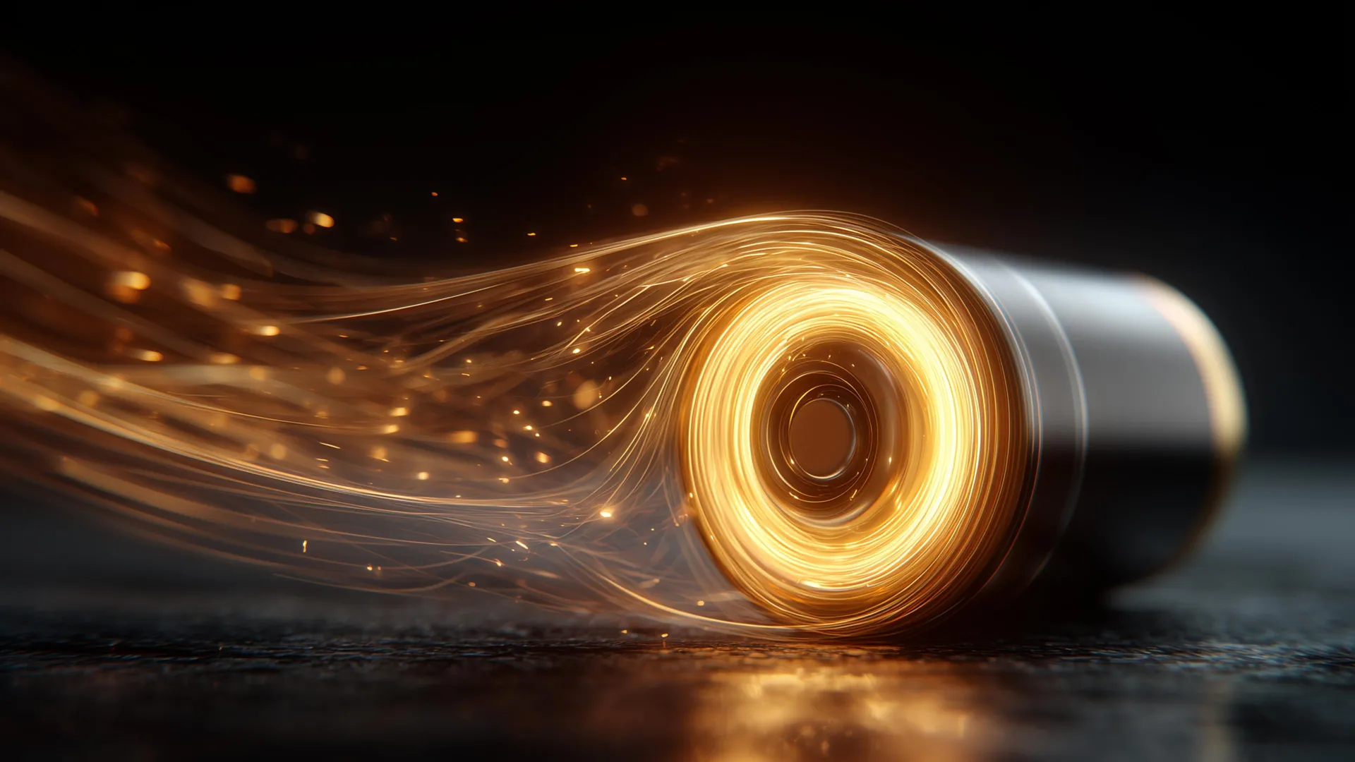 Ilustración de una batería cilíndrica atravesada por haces de luz dorada.
