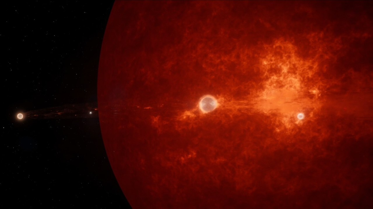 Imagen editorial generada por IA sobre Betelgeuse muestra la evidencia más fuerte hasta ahora de una estrella compañera.