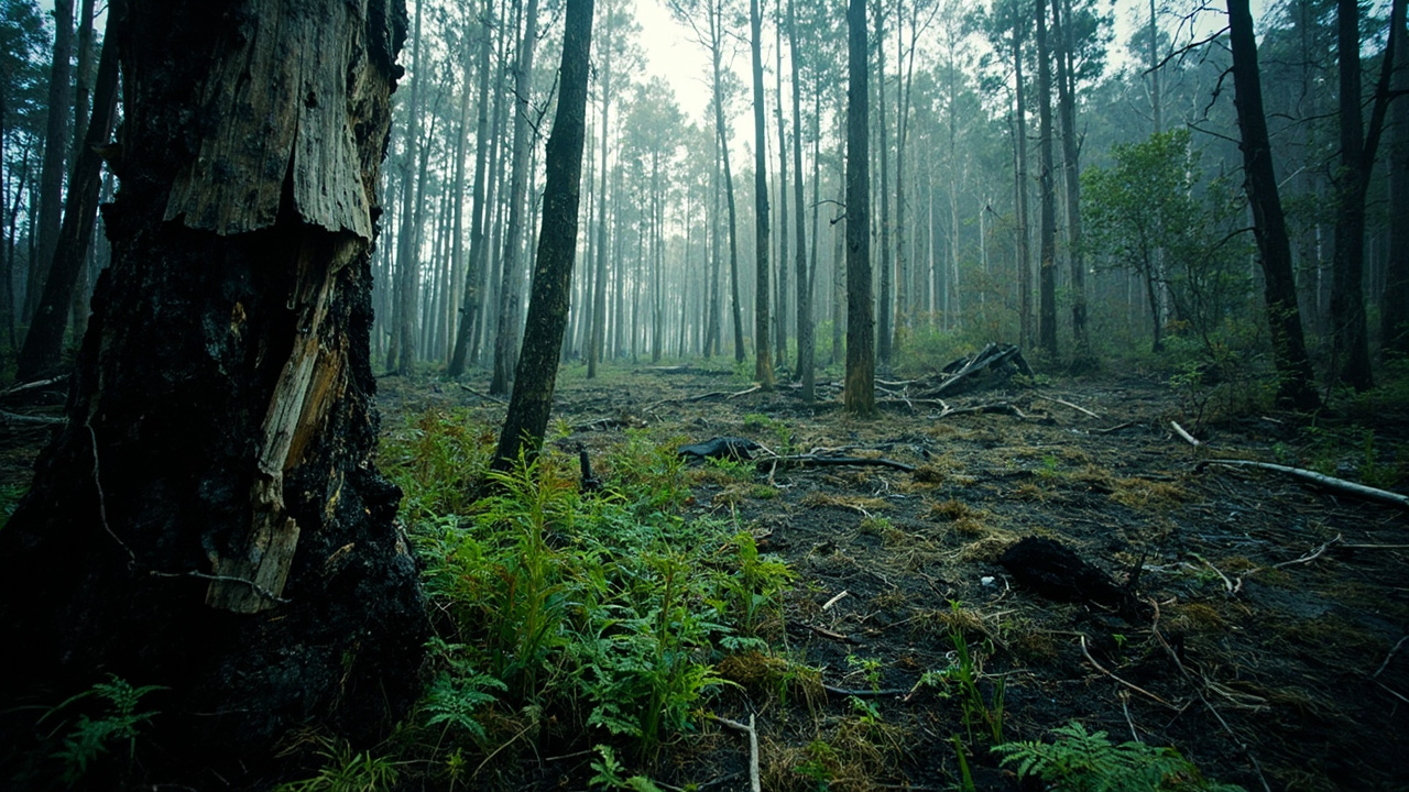 Imagen editorial generada por IA sobre Años de lluvia no alcanzaron para reparar por igual los bosques de Blue Mountains tras los megaincendios.