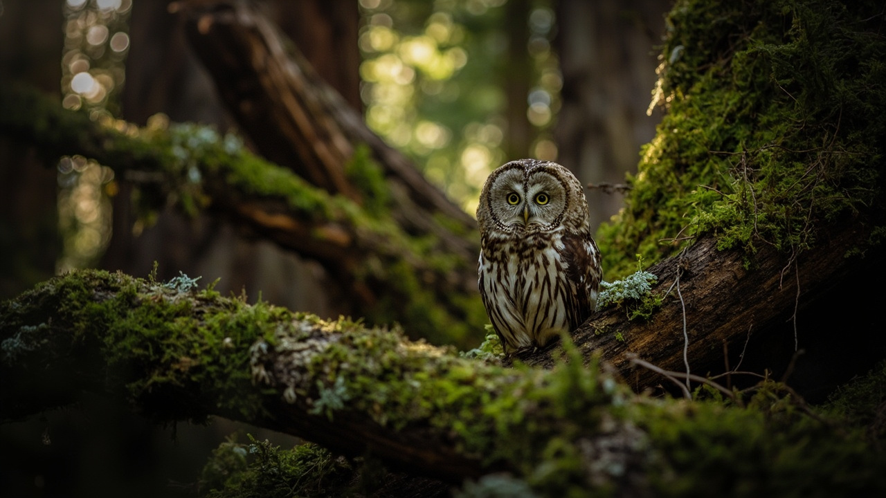 Imagen editorial generada por IA sobre Los búhos barred invasores están ocupando el corazón de los bosques primarios de California.