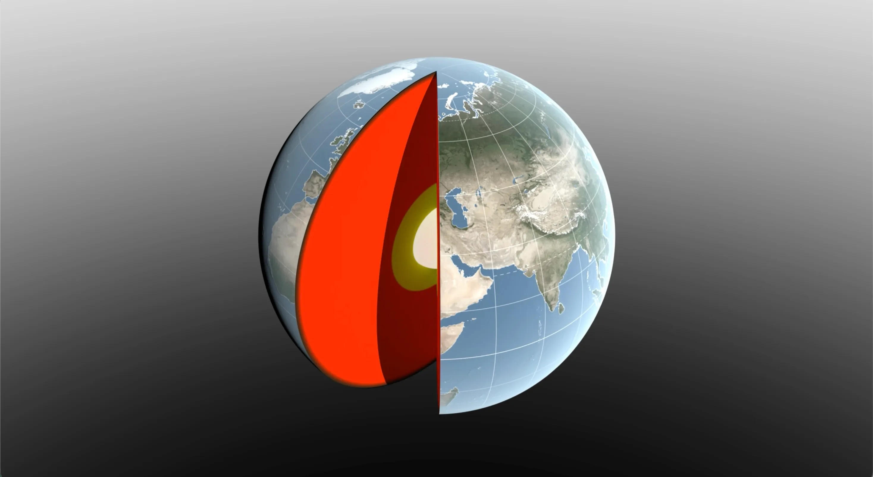 Ilustración tridimensional de la Tierra seccionada que muestra sus capas internas y los continentes de Europa, Asia y África.