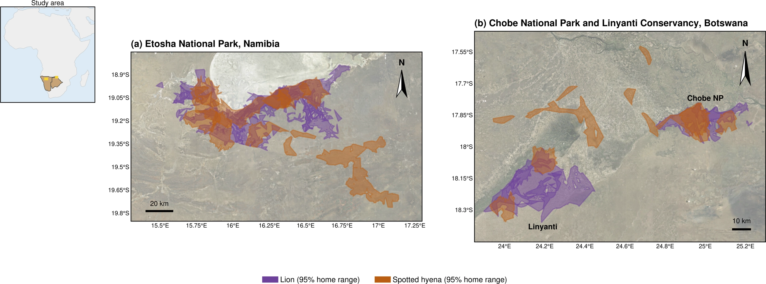 Mapa de las zonas de estudio en Etosha, Namibia, y Chobe-Linyanti, Botsuana.
