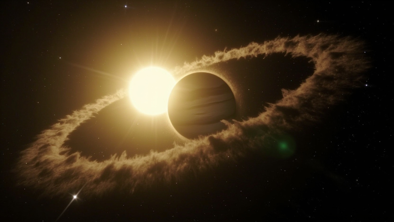 Imagen editorial generada por IA sobre Un posible compañero gigante podría ayudar a explicar el misterio de la estrella de Tabby.