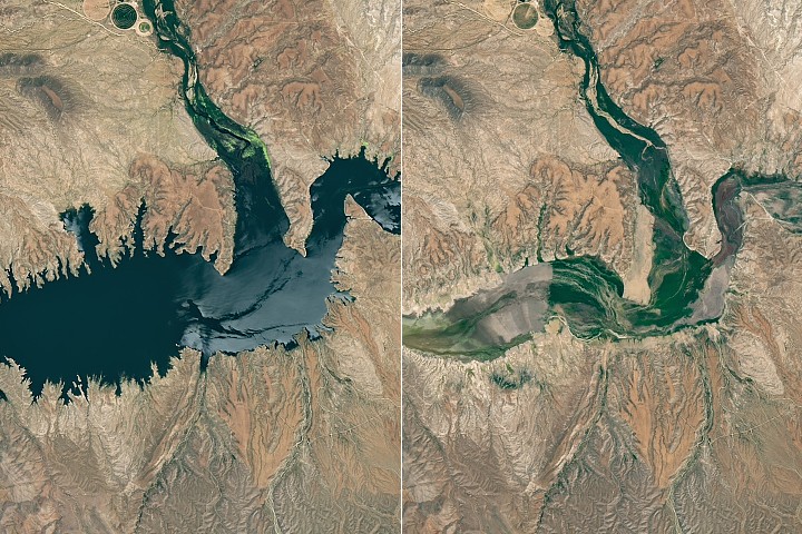 Vista satelital del embalse San Carlos casi vacío, con el antiguo cauce del río Gila visible en el fondo