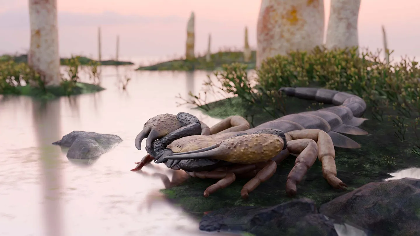 Ilustración de un escorpión prehistórico gigante en la orilla de un río con la cola curvada y las pinzas levantadas