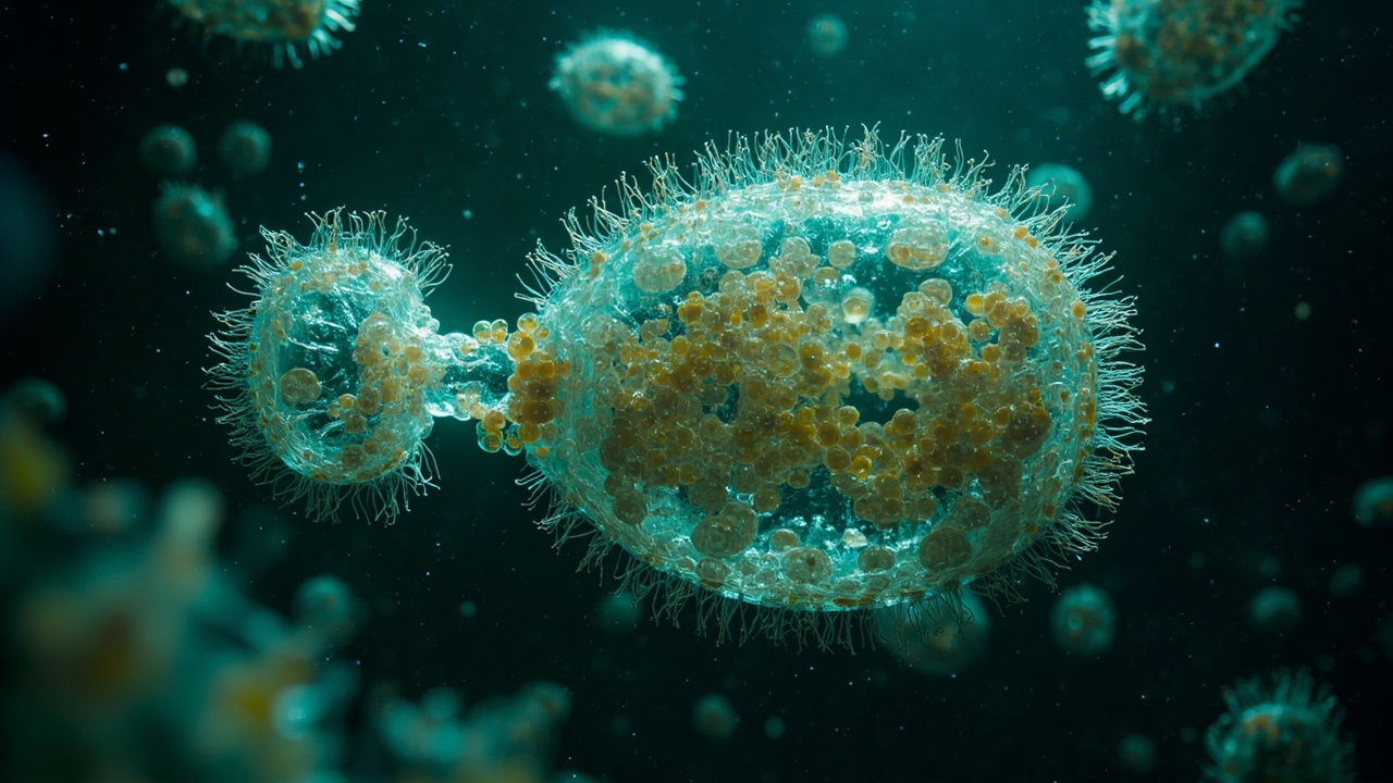 Imagen editorial generada por IA sobre Un microbio puede volverse gigante, caníbal y después volver a su tamaño normal.