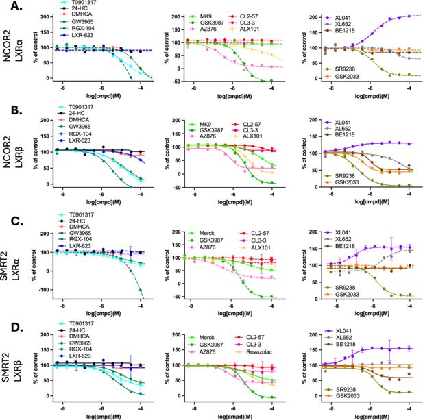 Esquema del receptor LXR y un diagrama que contrasta dos efectos: la salida de colesterol de las células y el aumento de grasa y triglicéridos en el hígado