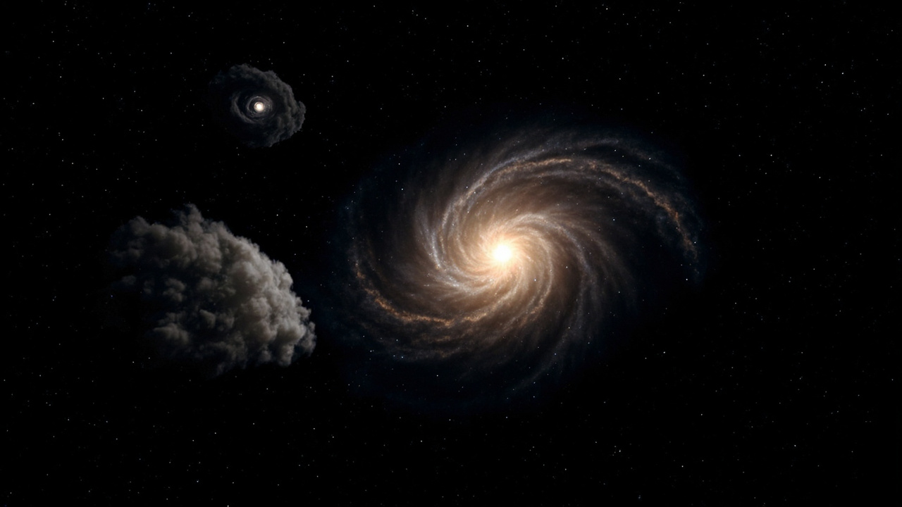 Imagen editorial generada por IA sobre FAST descubre dos misteriosas nubes de hidrógeno sin estrellas cerca de la galaxia M51.