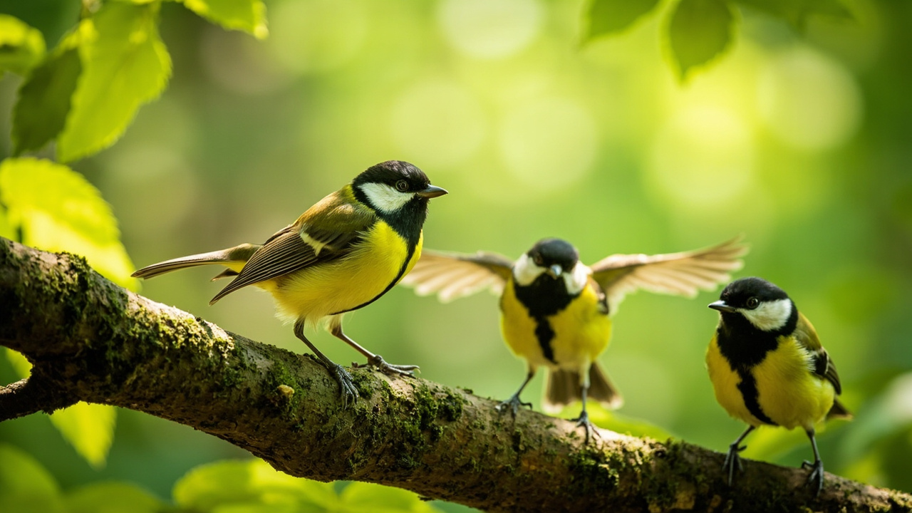 Tres carboneros comunes posados y en vuelo sobre una rama en un bosque.