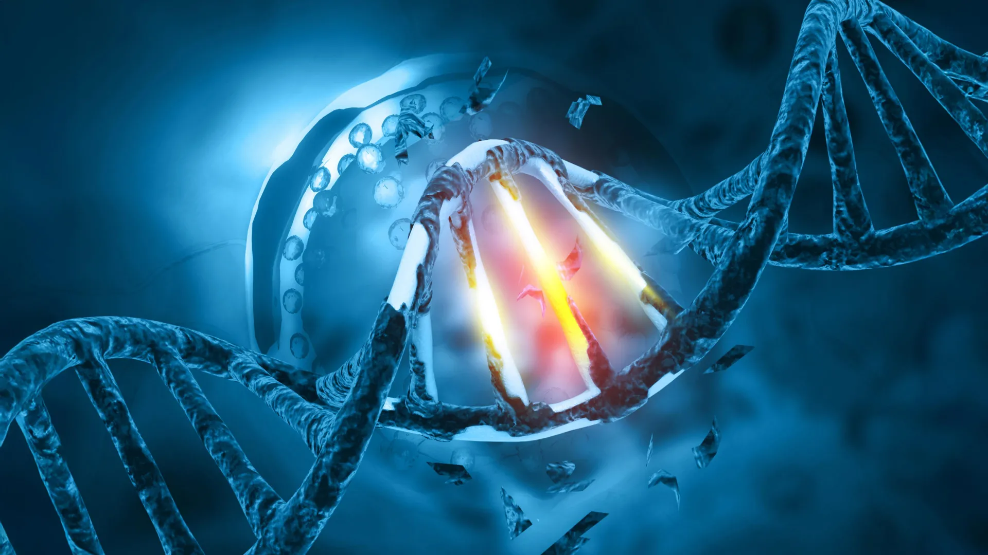 Ilustración conceptual de cadenas de ADN y mutaciones, usada para representar cómo el daño genético puede iniciar trayectorias distintas de cáncer según el trasfondo hereditario