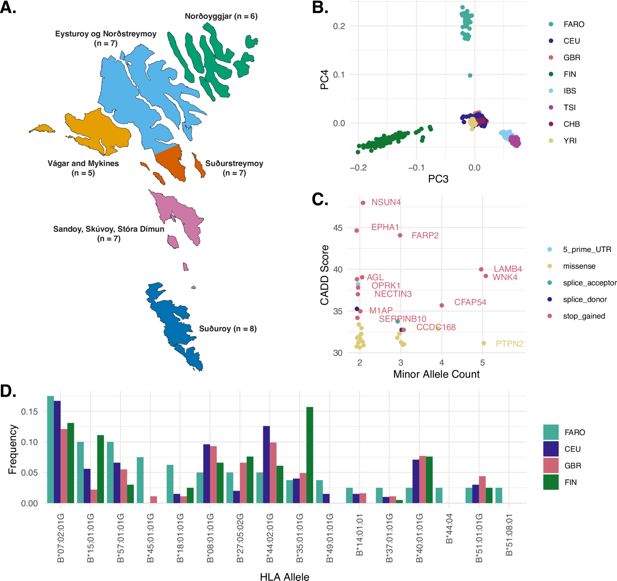 Mapa de las islas Feroe y gráficos que comparan variantes genéticas y regiones de muestreo del estudio