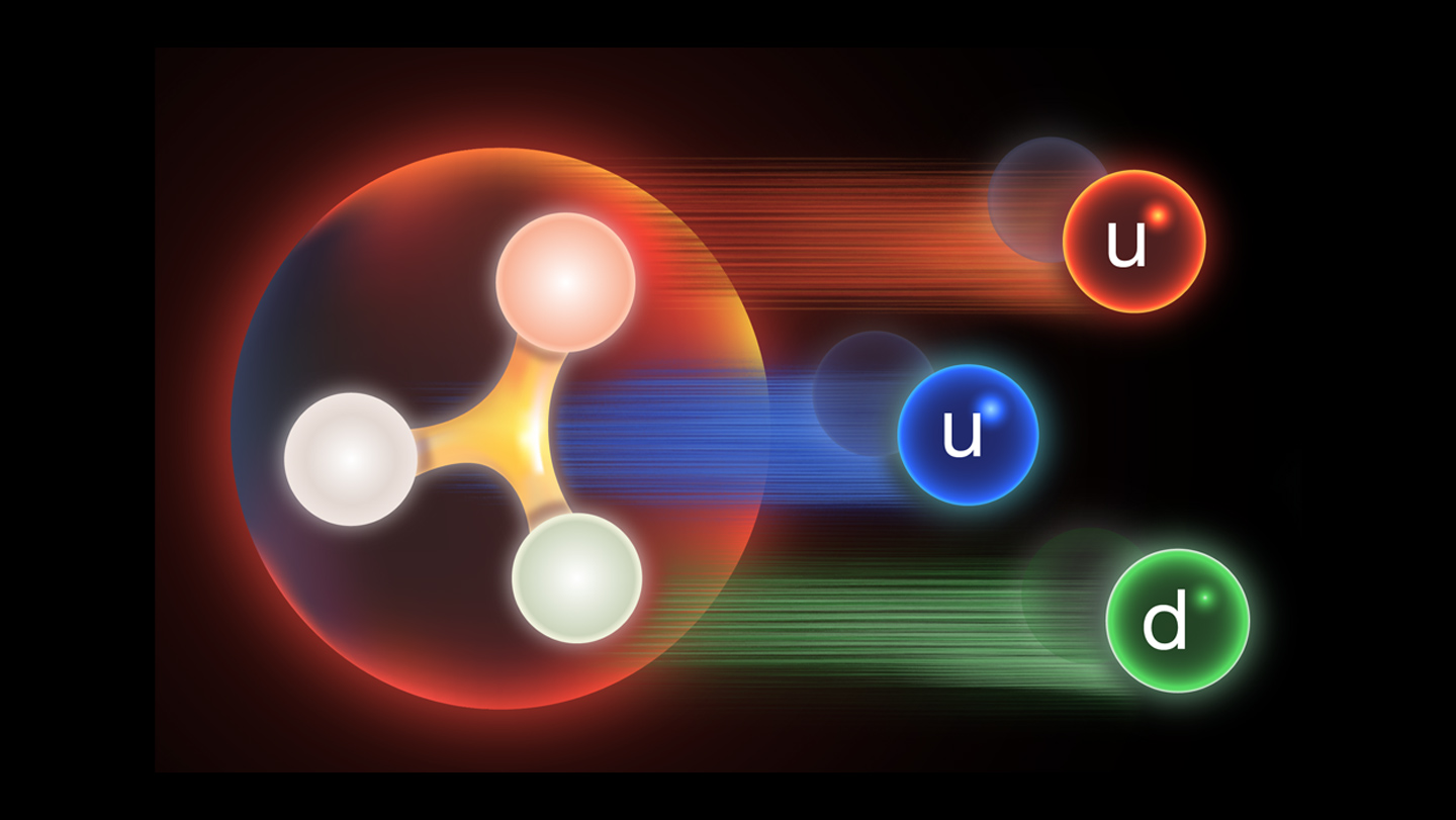 Ilustración científica del interior de un protón con quarks y gluones enlazados.