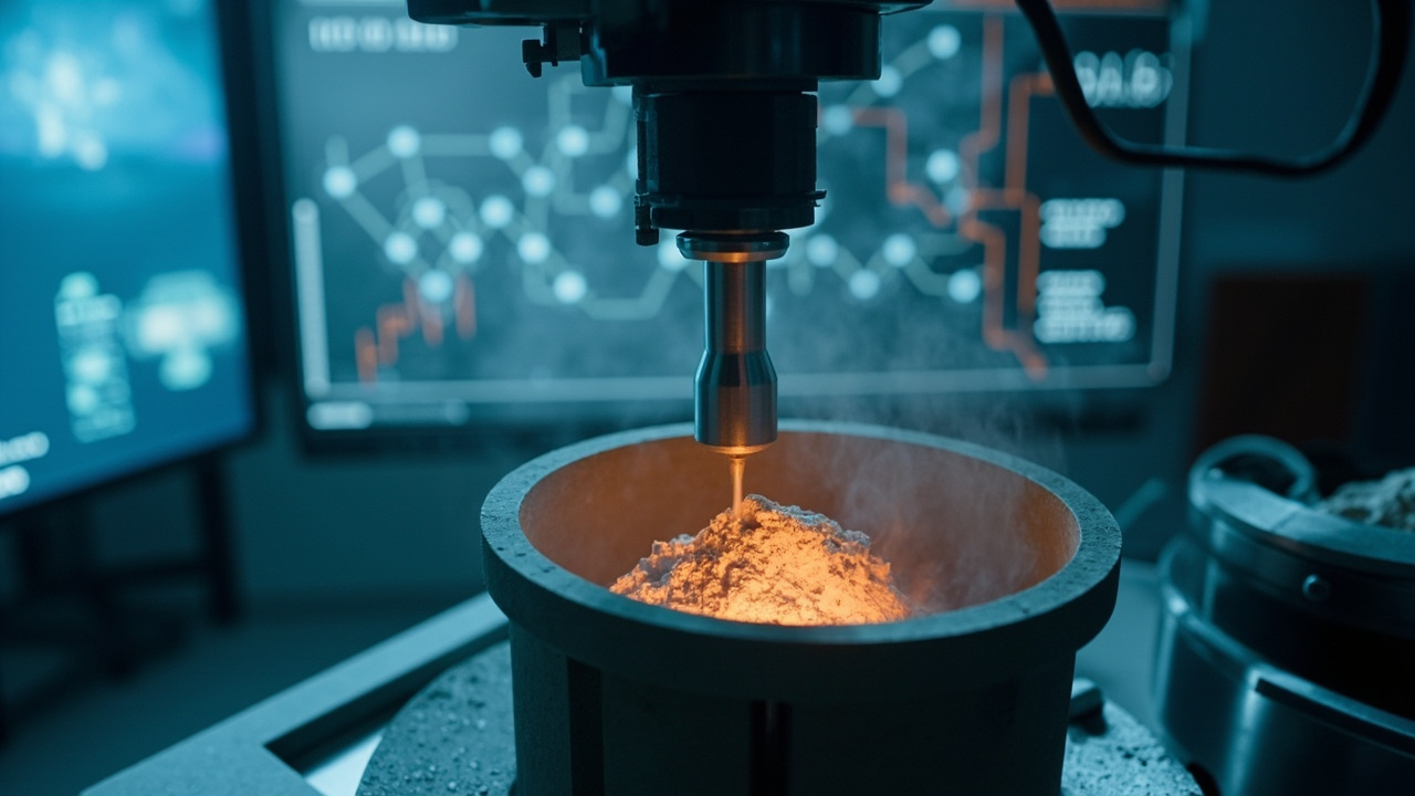 Imagen editorial generada por IA sobre Una IA propone recetas de laboratorio para fabricar materiales nuevos.