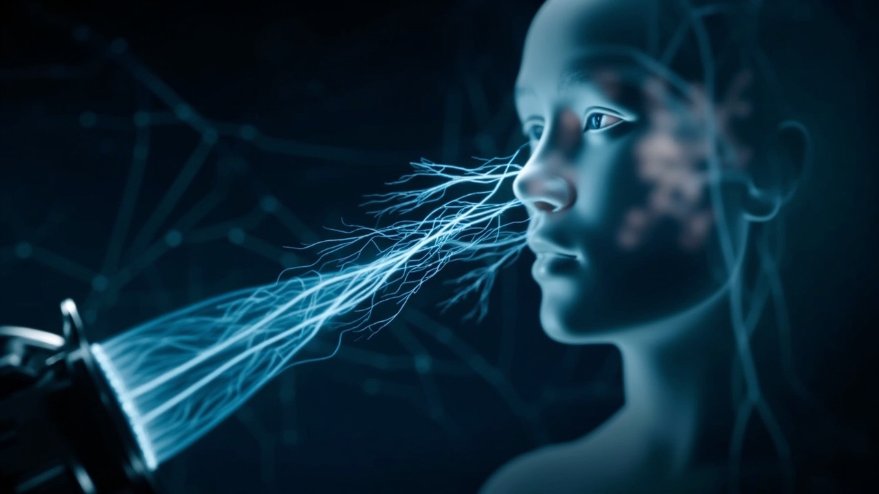 Ilustración editorial de un rostro junto a un dispositivo cerebral y trazos luminosos que representan señales neuronales.