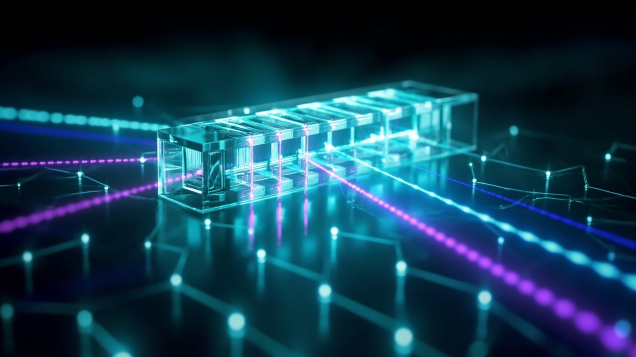 Imagen editorial generada por IA sobre Una interfaz fotónica de diez canales conecta qubits de átomos neutros en paralelo.