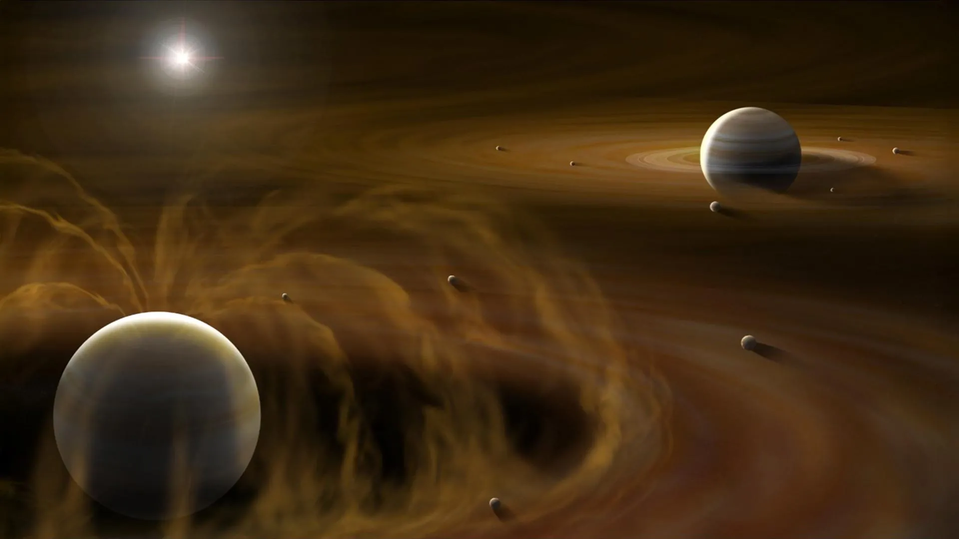 Ilustración de los discos circumplanetarios de Júpiter y Saturno jóvenes, usada para representar cómo sus campos magnéticos pudieron afectar la supervivencia de sus lunas grandes