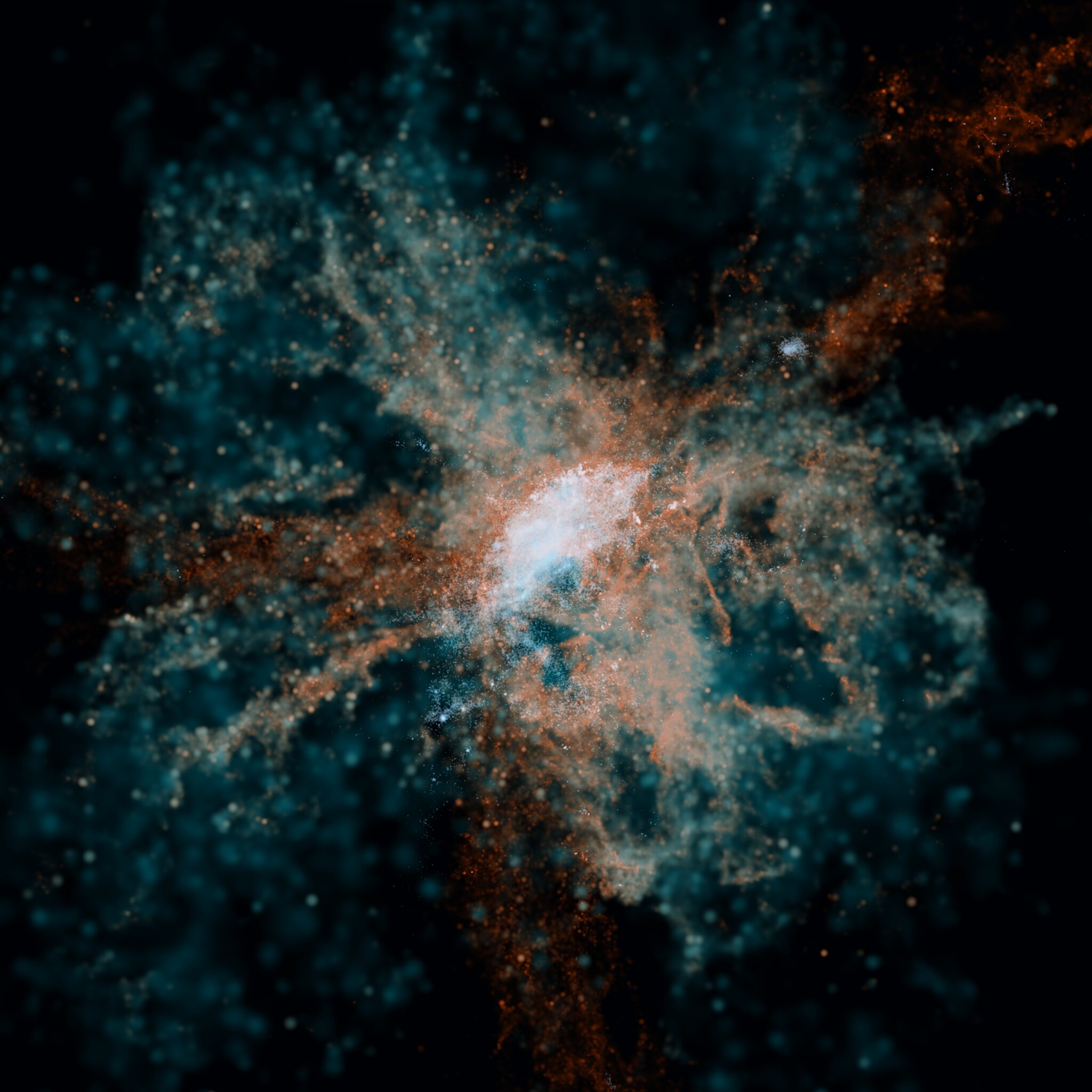 Ilustración de una galaxia temprana rodeada de gas y elementos pesados dispersos.