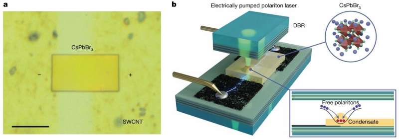 Esquema de un diodo láser de polaritones de perovskita con una microplaca integrada en una microcavidad óptica.