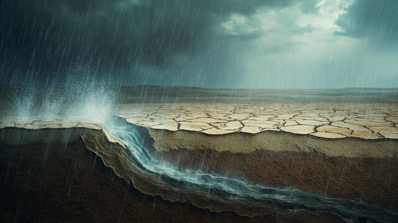 Imagen editorial generada por IA sobre Lluvias más intensas y menos repartidas pueden reducir el almacenamiento de agua en tierra.