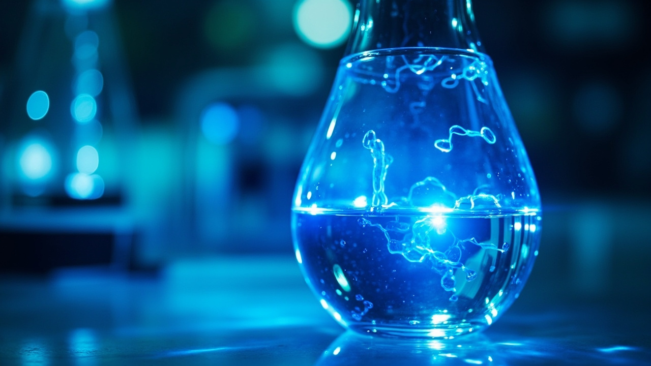 Imagen editorial generada por IA sobre La luz azul abre una ruta más corta para construir moléculas complejas de fármacos.