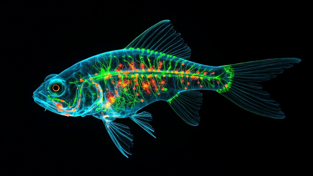 Ilustración de un pez cebra con un esquema luminoso de conexiones neuronales en su cuerpo.