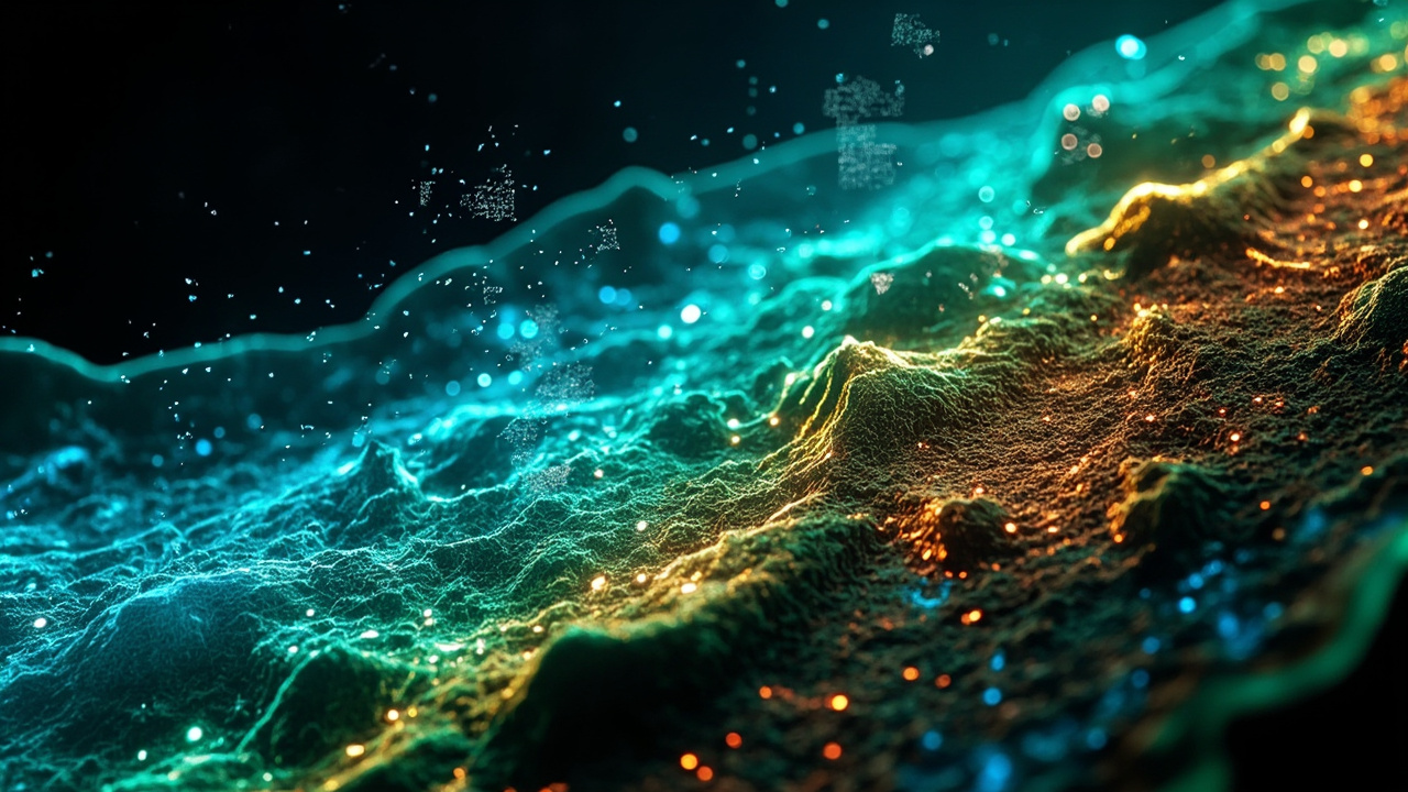 Ilustración editorial abstracta de un paisaje de tejido con redes y señales luminosas superpuestas.