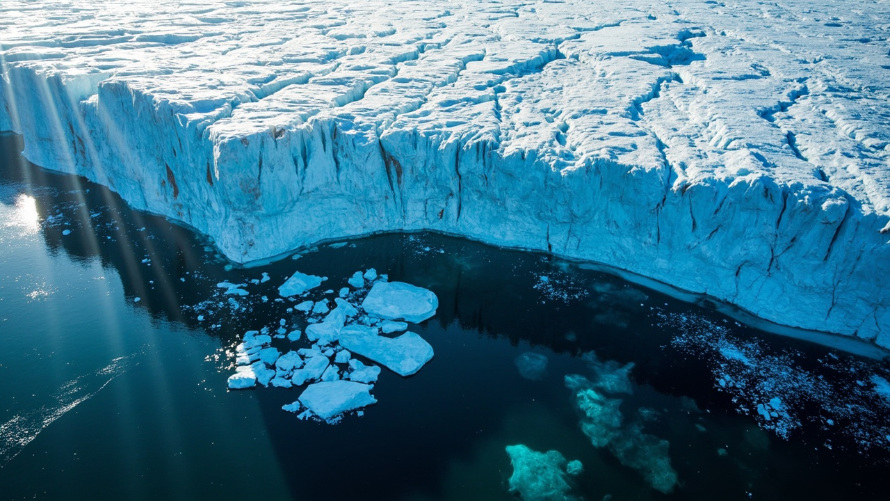 Vista aérea editorial de un frente glaciar que desemboca en el mar, con hielo flotante en el agua.