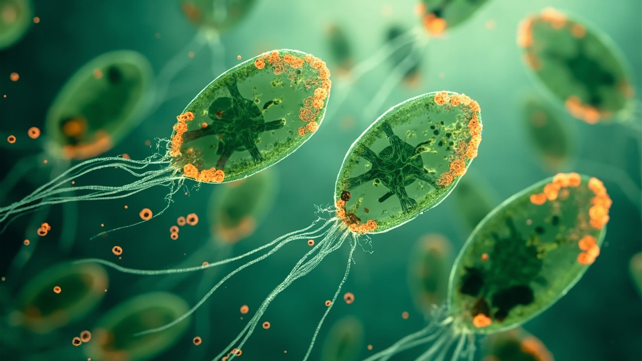 Imagen editorial generada por IA sobre Un cambio moderado de temperatura reprograma miles de genes en una microalga.