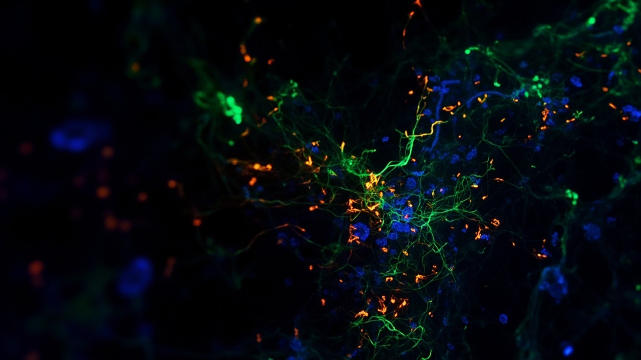 Imagen de fluorescencia generada por IA con estructuras celulares en azul, verde y naranja.
