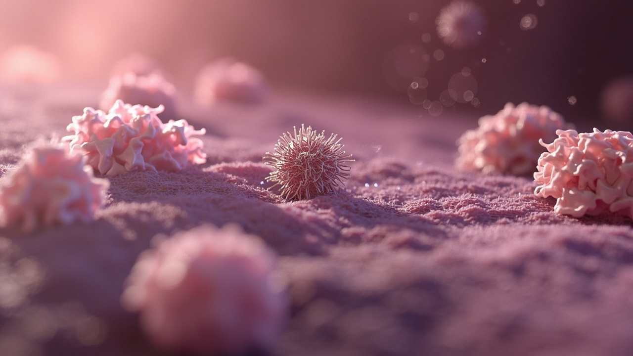 Ilustración editorial de una nanopartícula entre células, vinculada con la administración dirigida de fármacos.