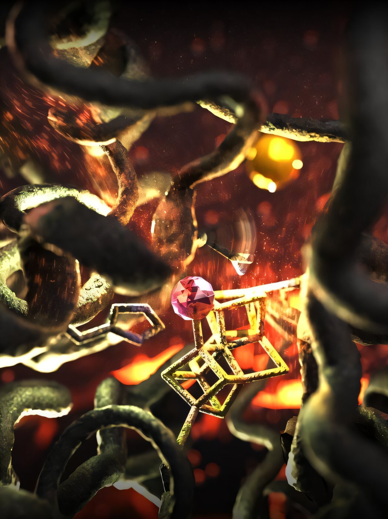 Ilustración abstracta de estructuras moleculares iluminadas por un entorno incandescente.