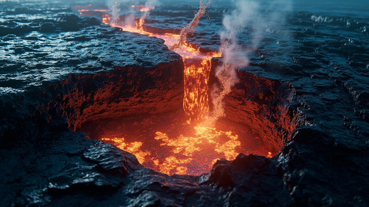 Imagen editorial generada por IA sobre Huellas del océano de magma primitivo aparecen en lava moderna.