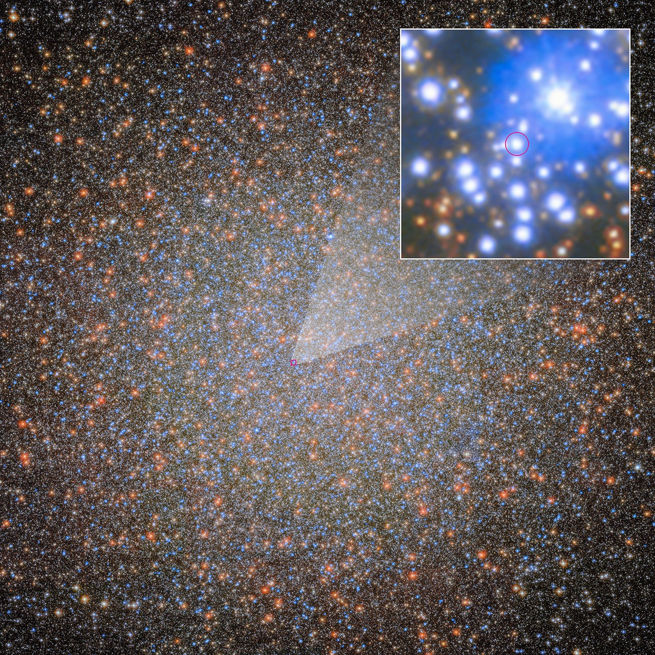 Imagen del cúmulo globular Omega Centauri con un recuadro que marca la región donde se identificó la estrella compañera del agujero negro.