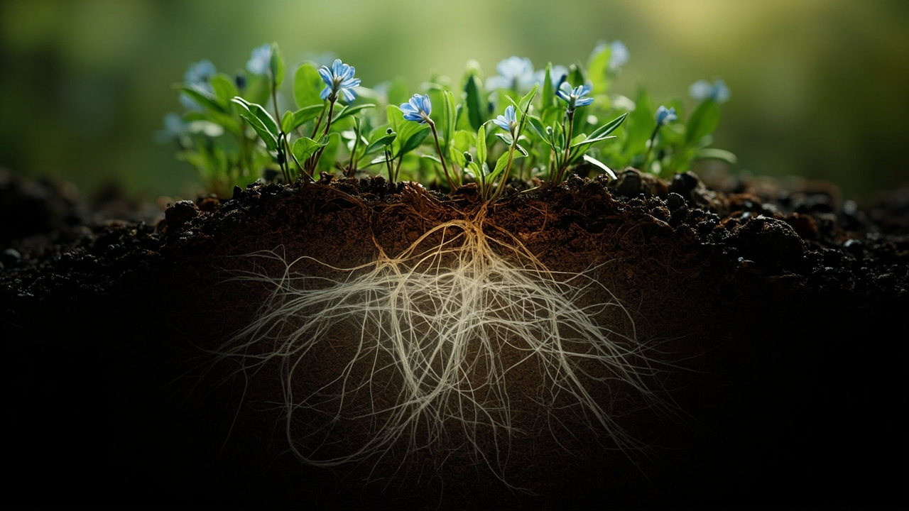 Imagen editorial generada por IA sobre Algunas plantas verdes también reciben carbono a través de hongos.