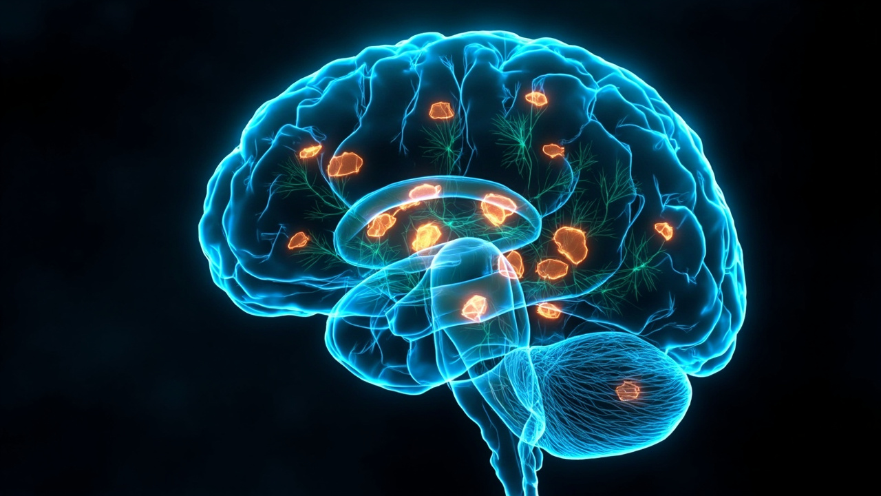 Ilustración generada de un cerebro en tonos azules con zonas luminosas abstractas.