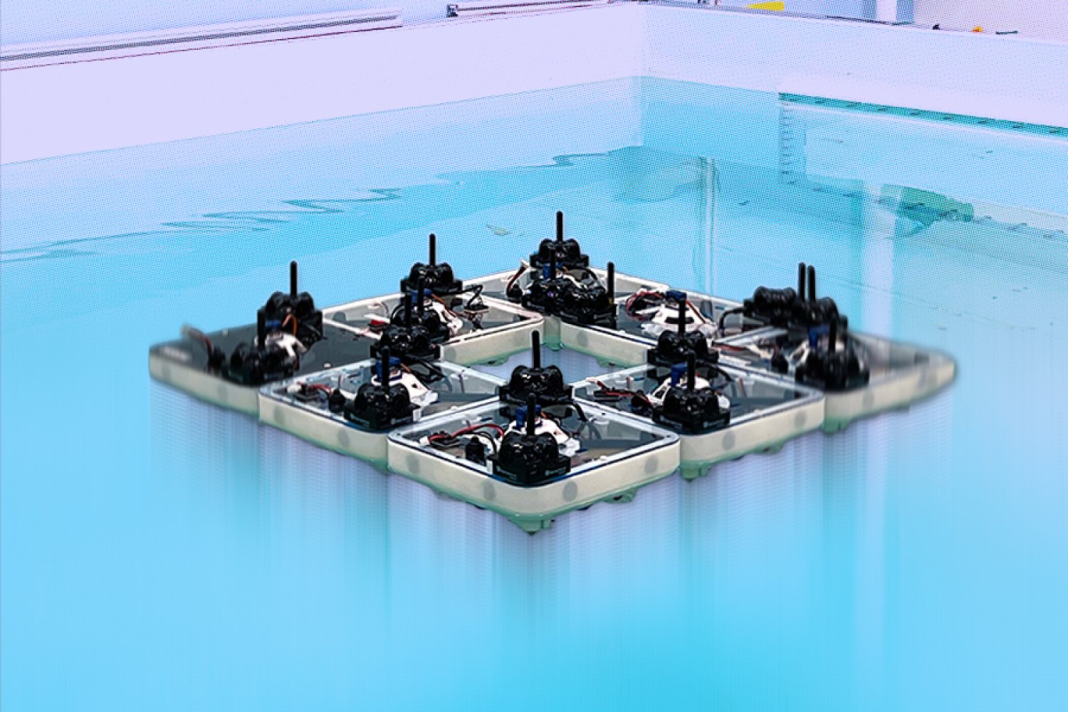 Conjunto de pequeños robots acuáticos cuadrados unidos para formar una estructura flotante sobre el agua
