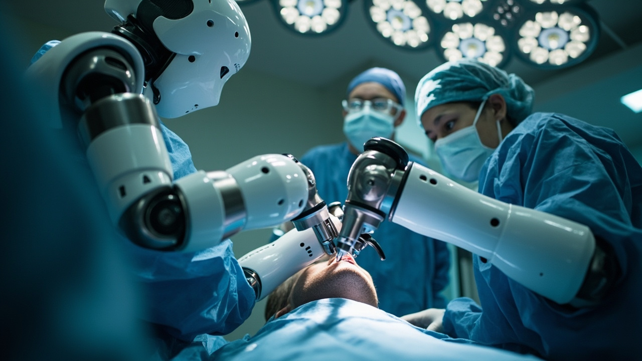 Imagen editorial generada por IA sobre Robots humanoides pasan una primera prueba quirúrgica en animales.