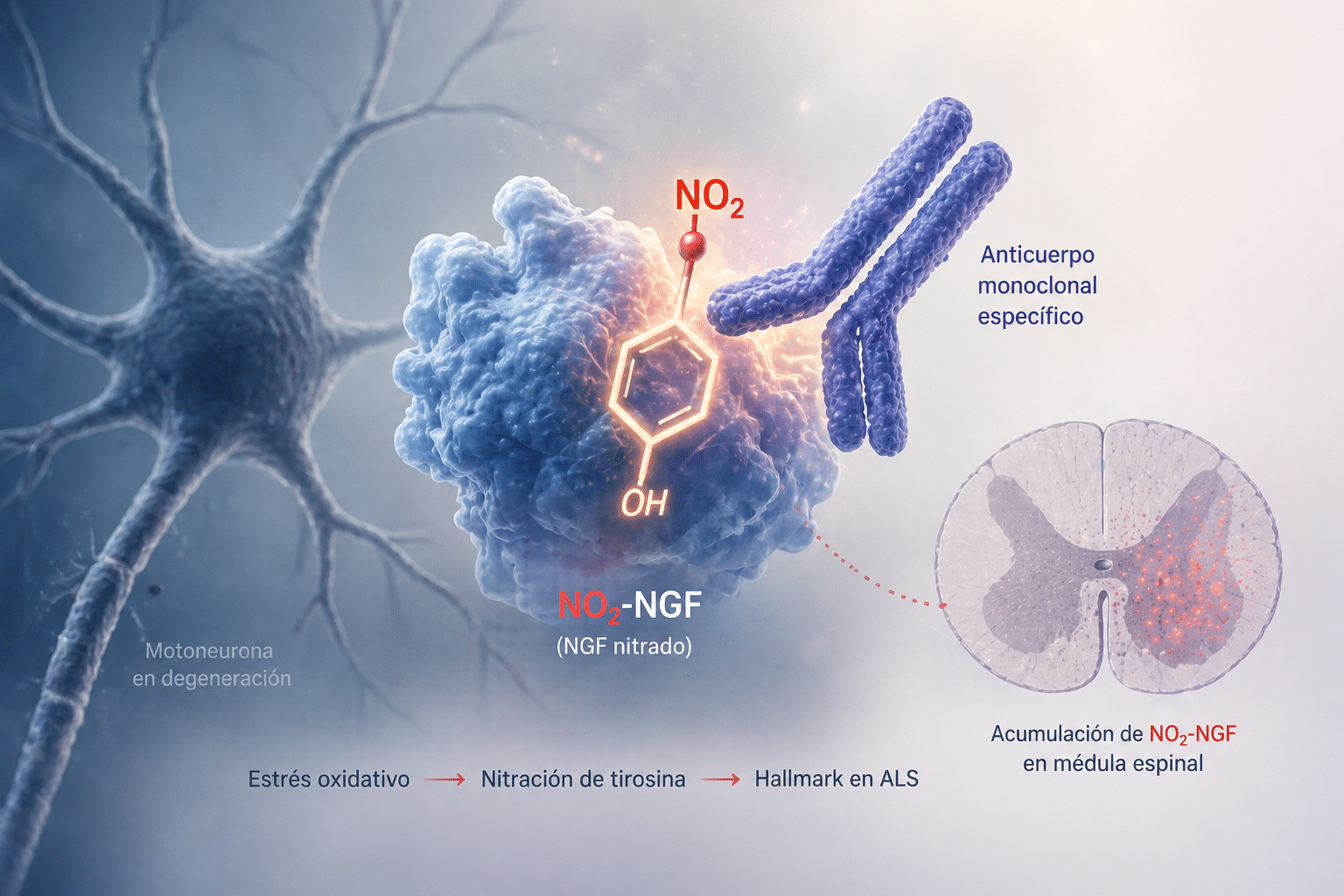 Ilustración científica de la proteína NGF nitrada usada por el Institut Pasteur de Montevideo para acompañar una nota sobre ELA
