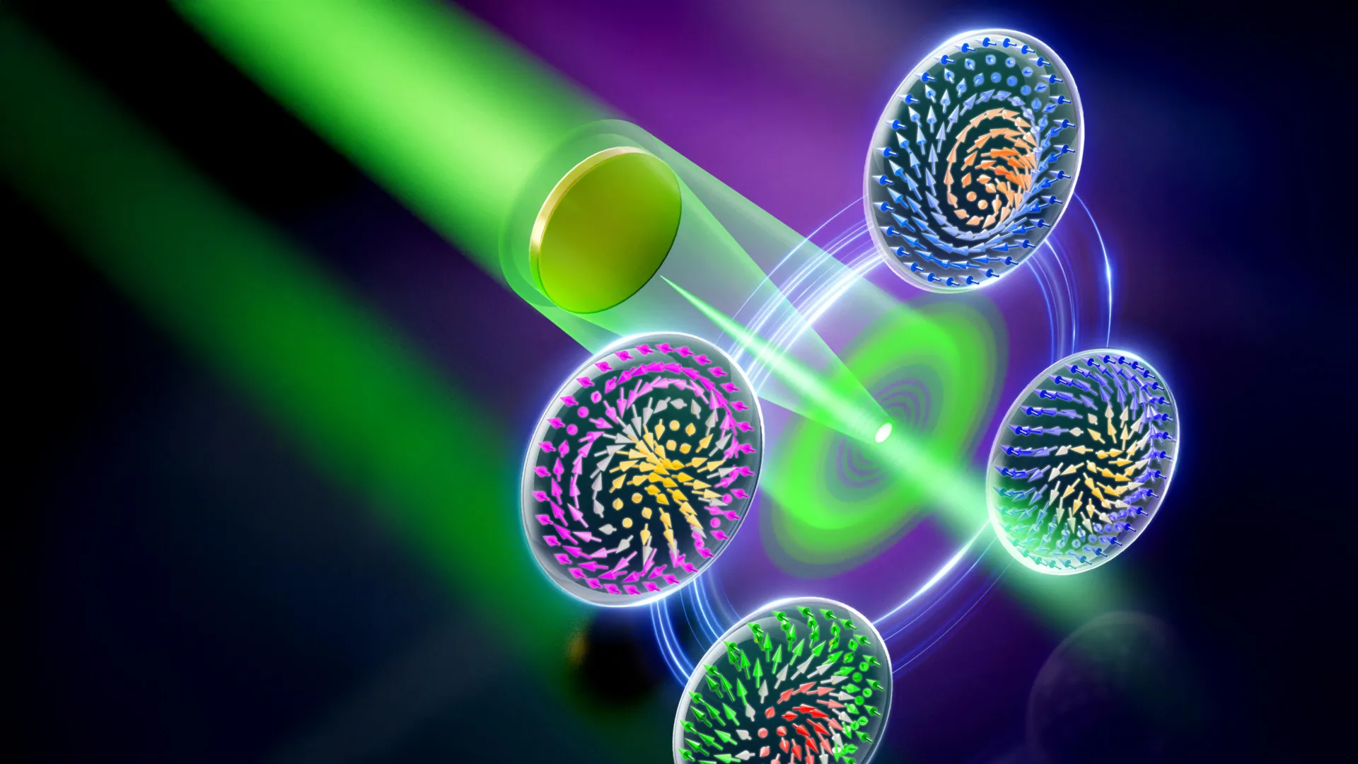 Patrón luminoso con varias estructuras remolinadas dentro de un punto brillante generado por difracción alrededor de un disco circular.