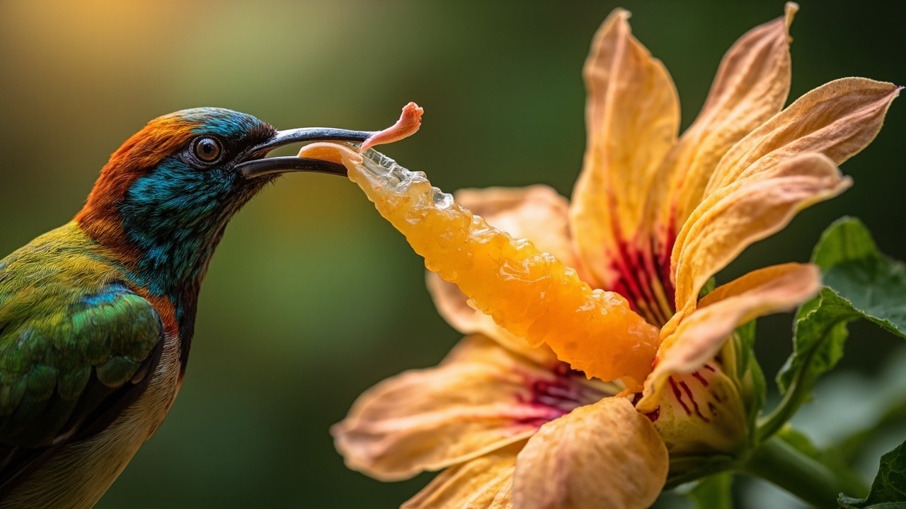 Imagen editorial generada por IA sobre Los sunbirds usan la lengua como una bomba para beber néctar.