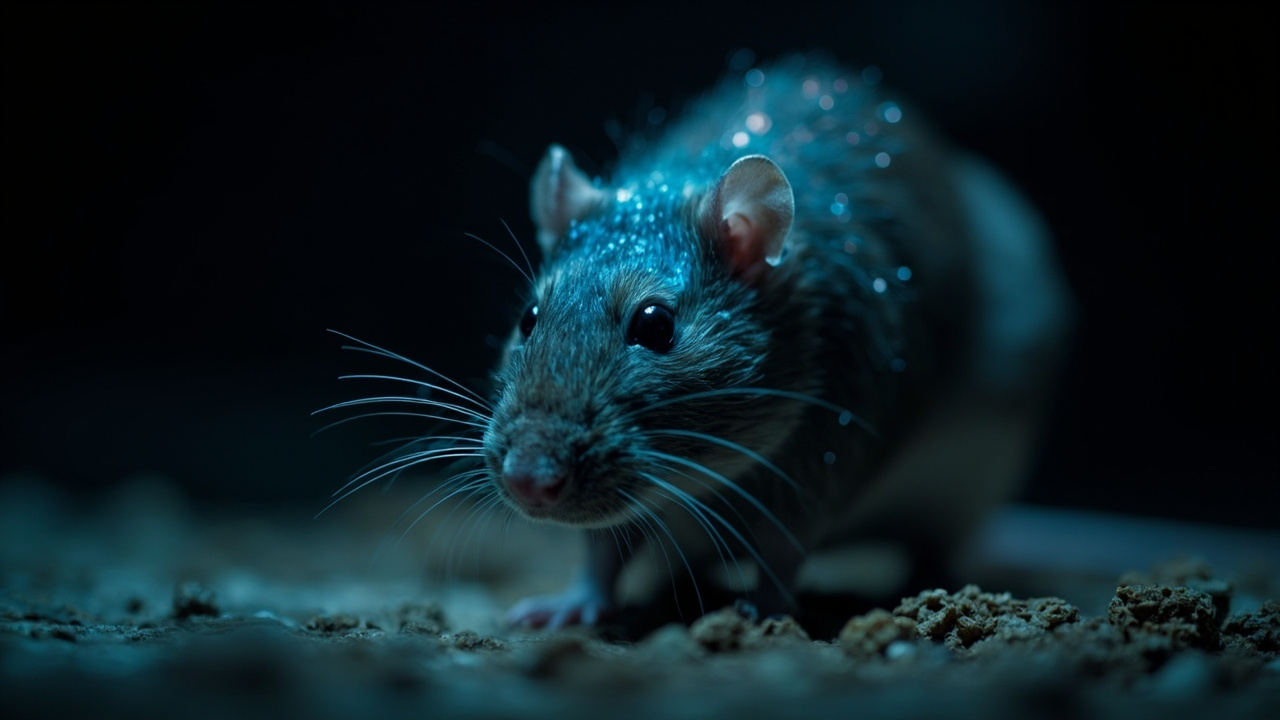 Una rata camina sobre una superficie oscura, en una representación relacionada con el estudio sobre tacto y falta de luz.