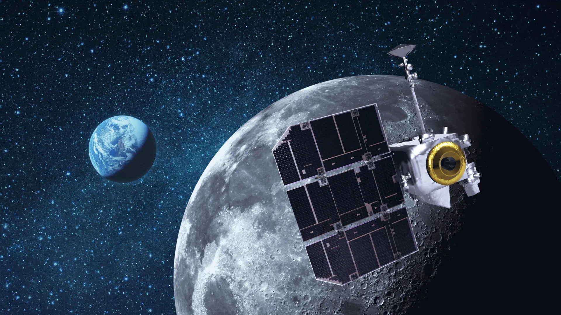 Concepto de un satélite orbitando la Luna para medir elementos químicos desde el espacio