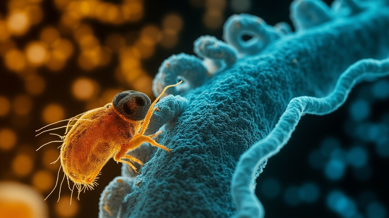 Ilustración editorial de una mosca de la fruta junto a formas bacterianas, en tonos cálidos y fríos.
