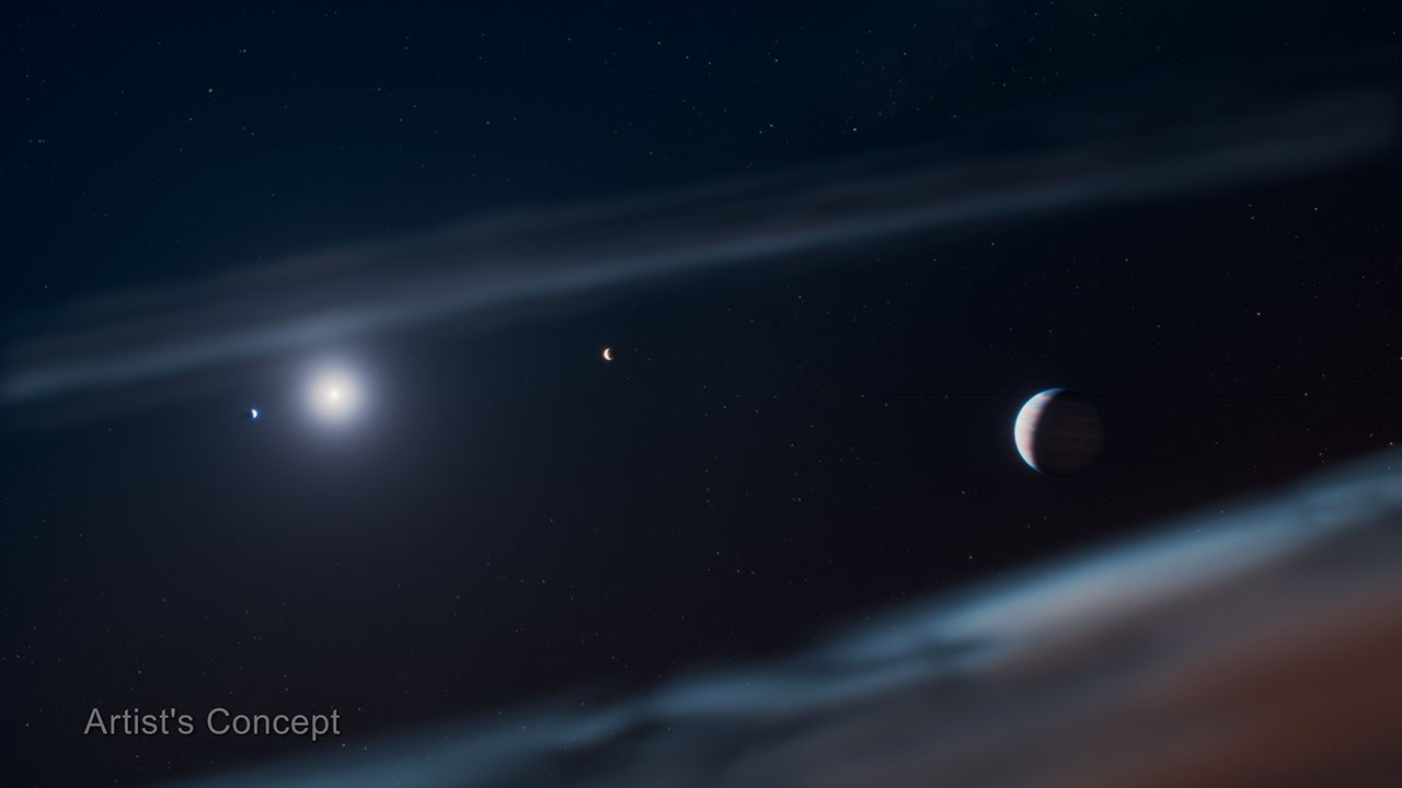 Ilustración del sistema Beta Pictoris con tres planetas gigantes y un disco de polvo alrededor de la estrella.